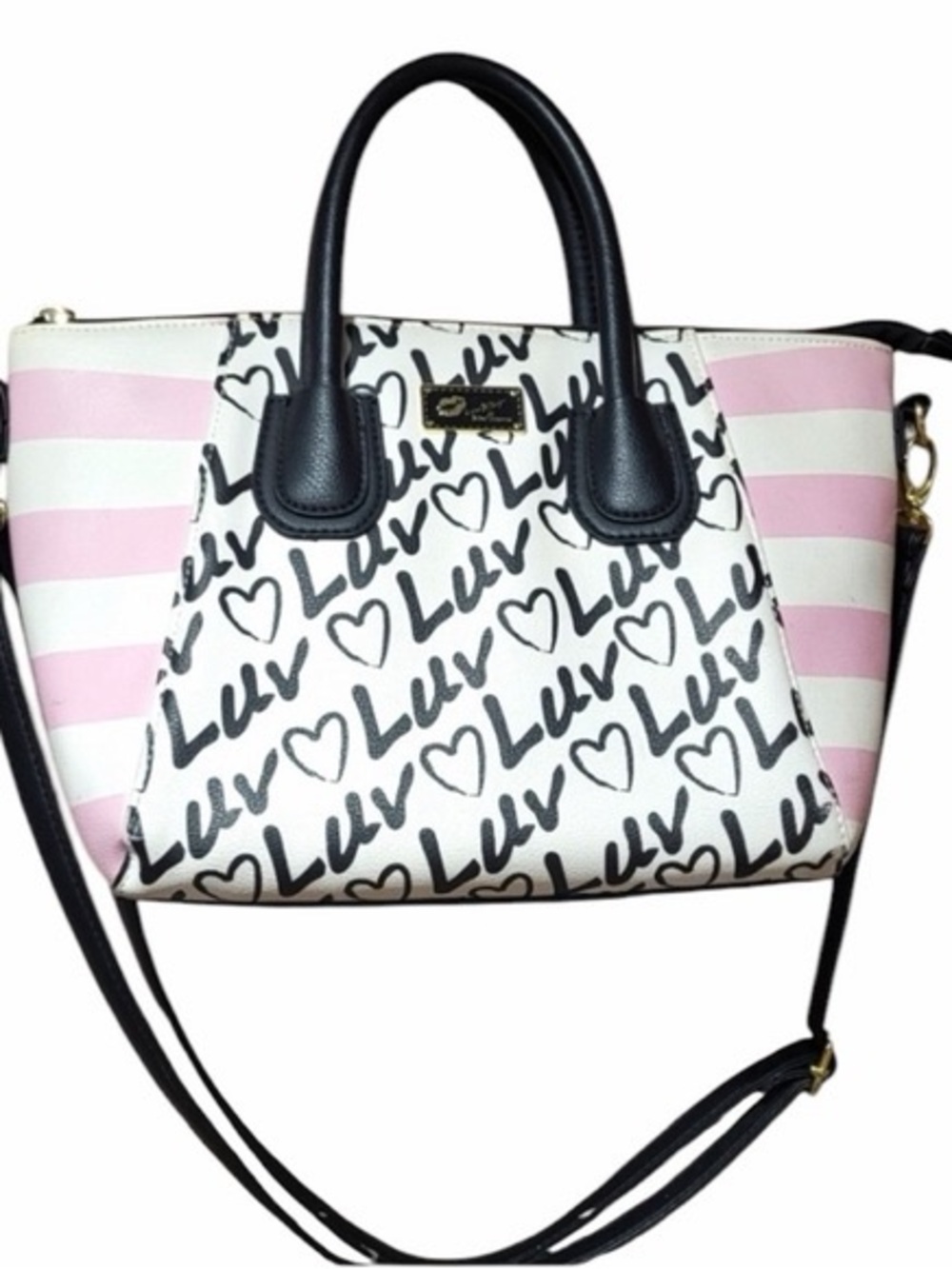 Betsey Johnson White & Black LUV Heart Print Satchel with Pink Stripes